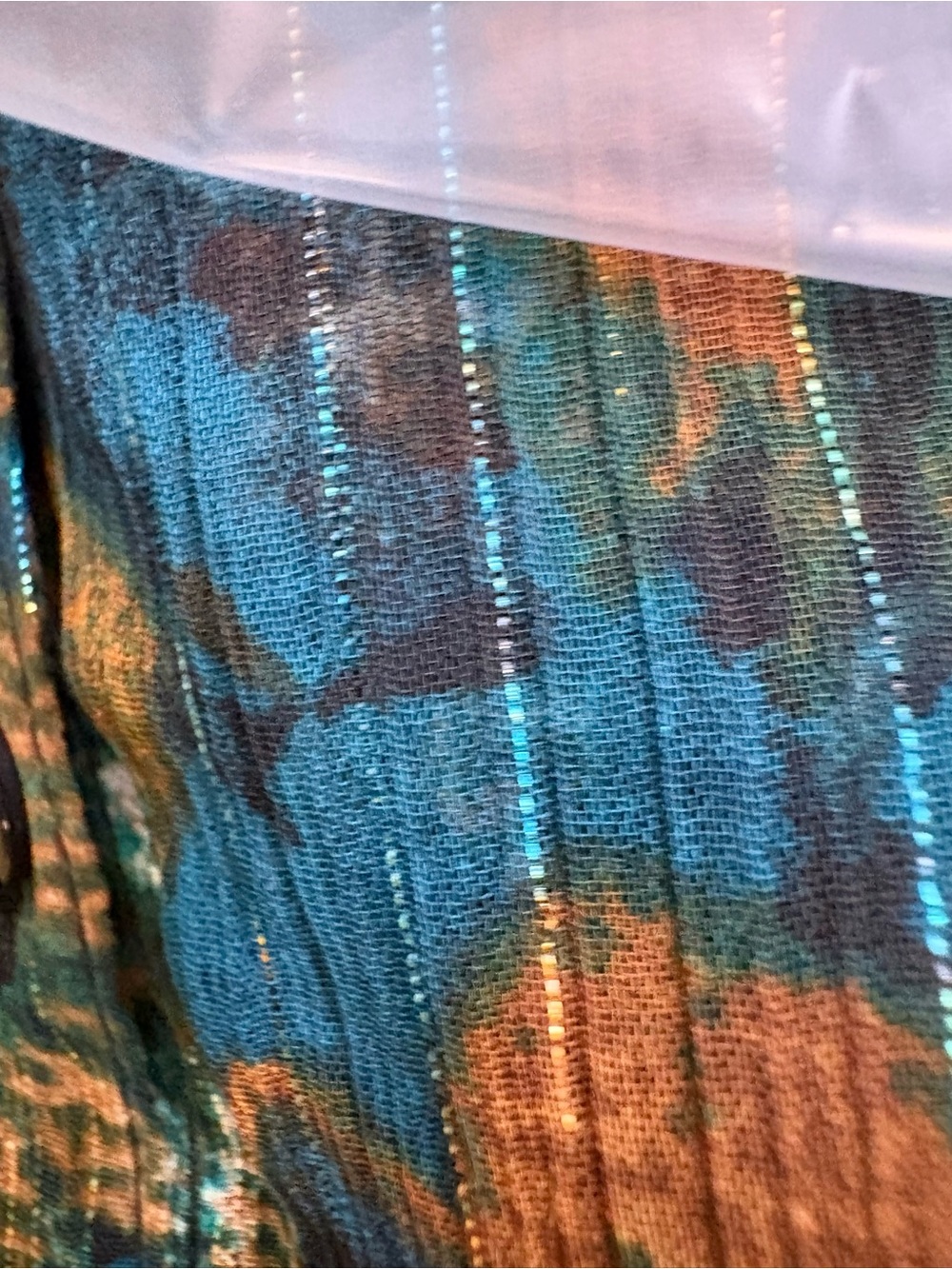 Sheer Teal & Gold Floral Tie-Neck Blouse-with Glimmering Silver Threading! - Picture 13 of 16